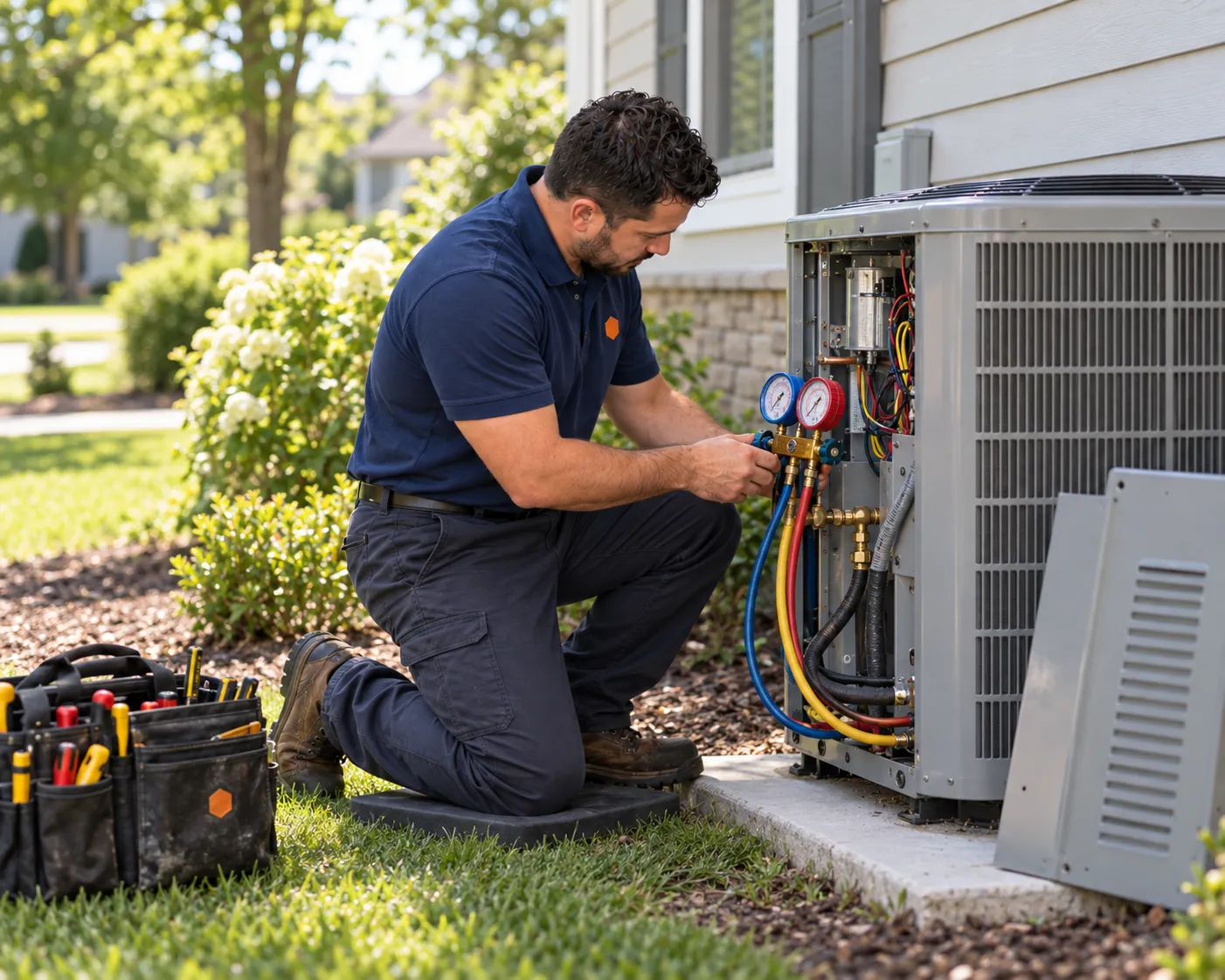 AC maintenance: technician checking an outdoor AC condenser with manifold gauges during a tune-up