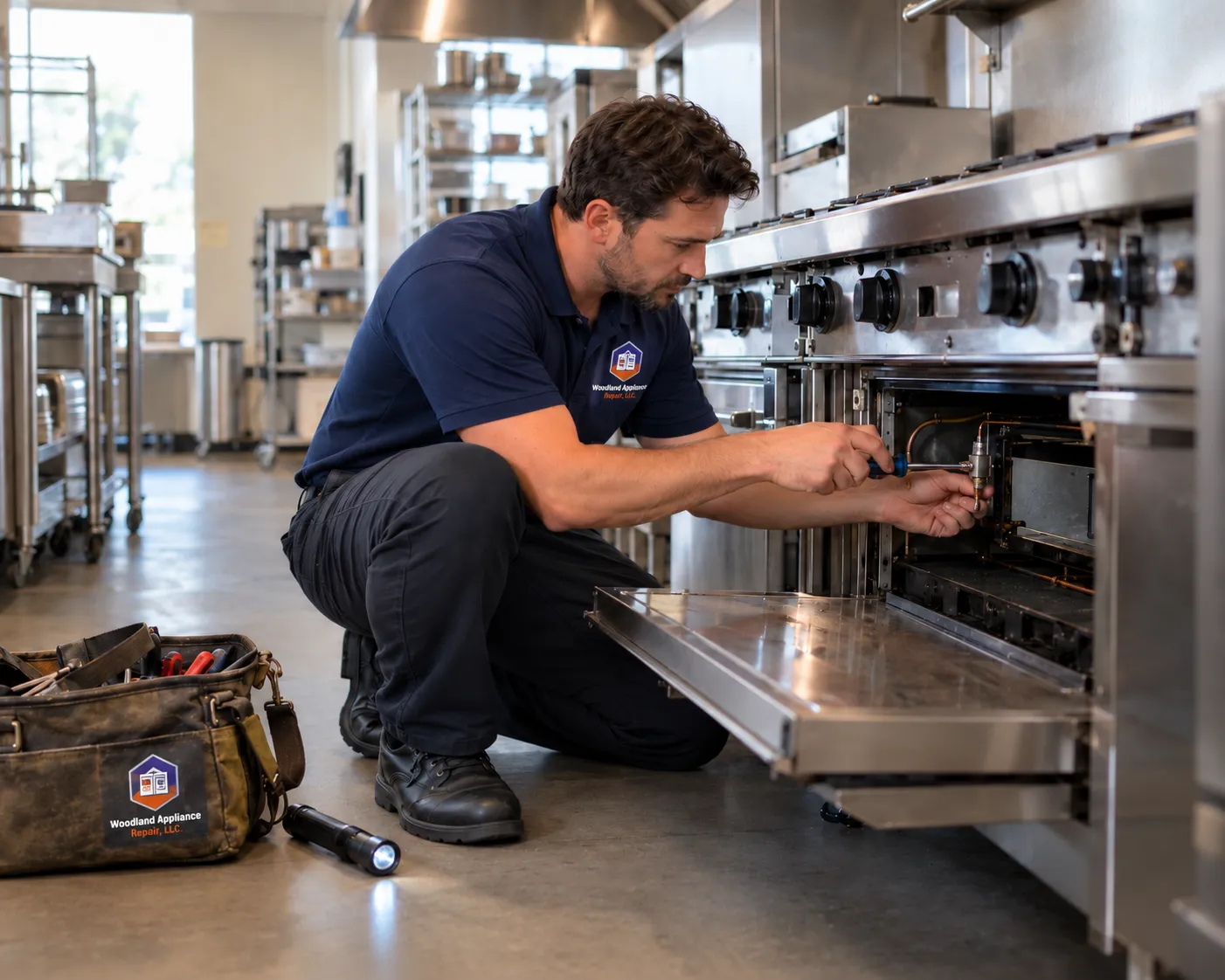Commercial oven repair: technician repairing the oven of a commercial range in a restaurant kitchen