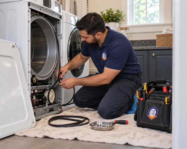 Technician fitting a new drive belt on a dryer