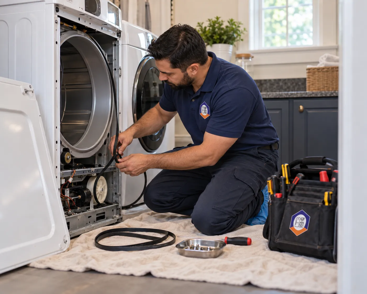 GE dryer repair: technician fitting a new drive belt on a dryer