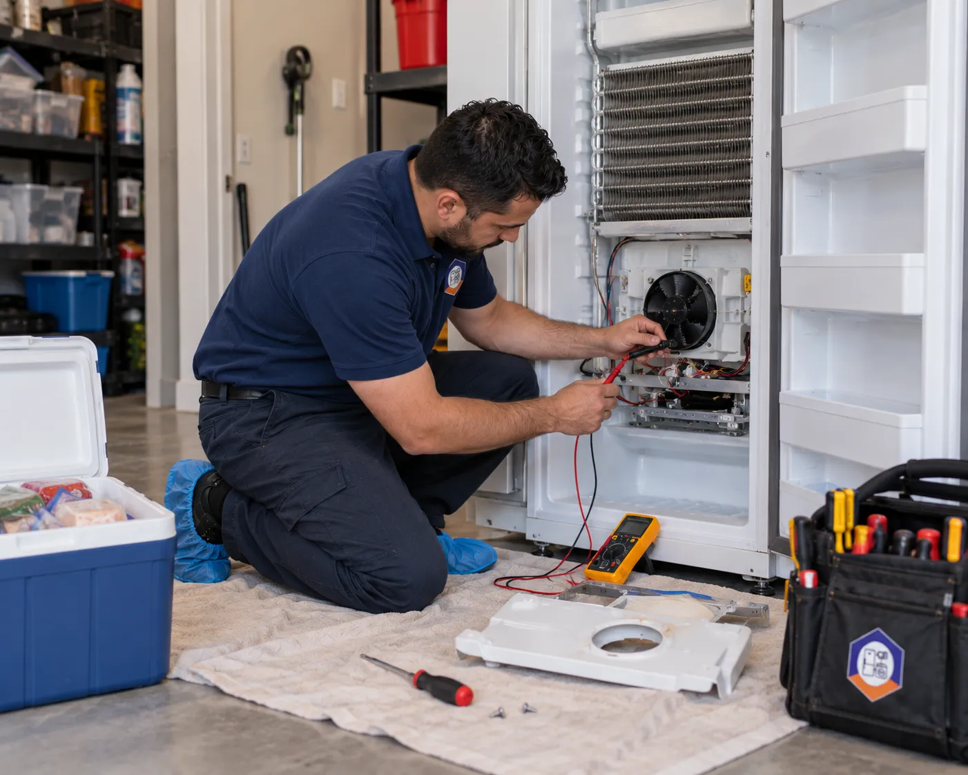 Freezer repair: technician testing the evaporator fan of an upright freezer with a multimeter