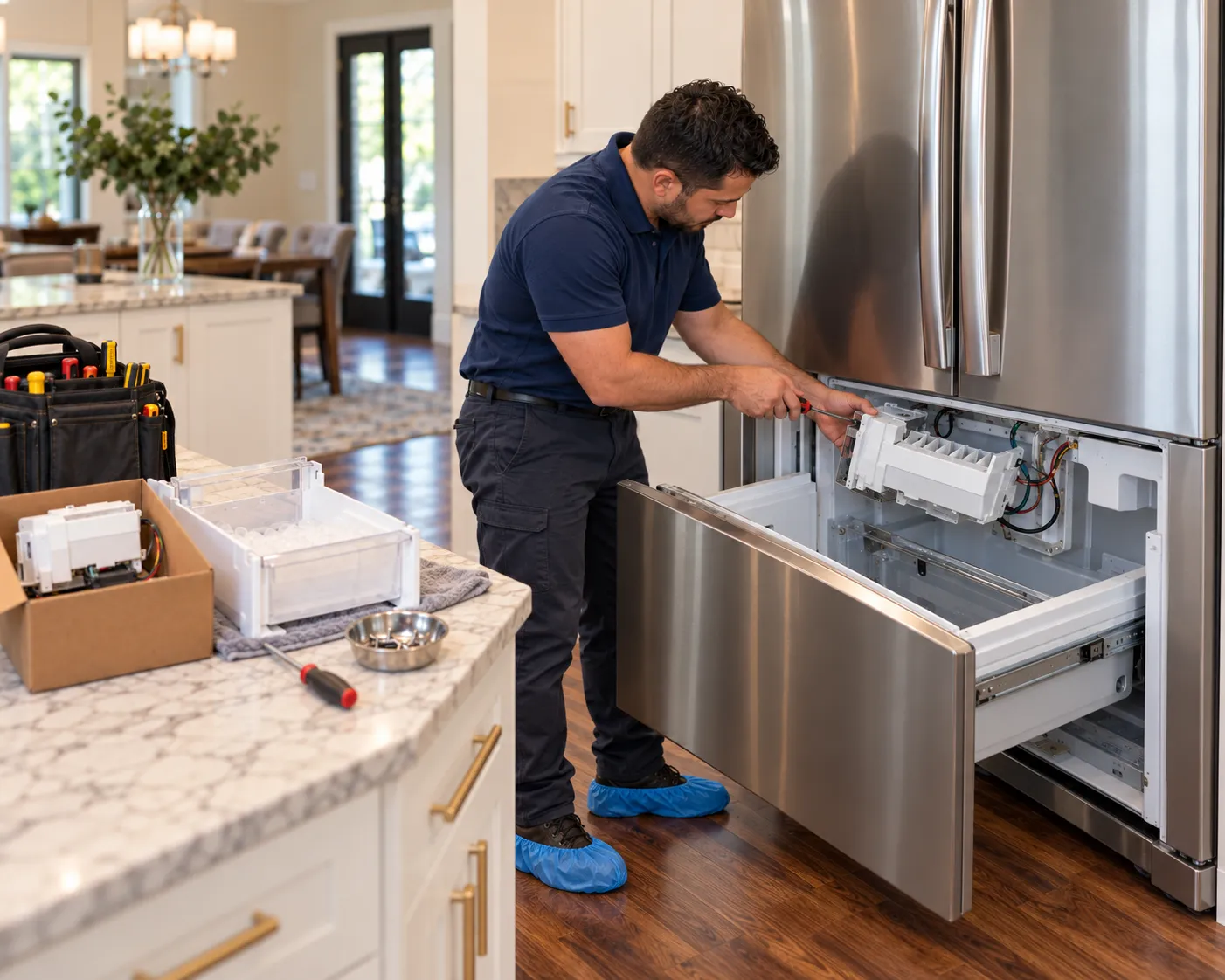 Samsung appliance repair: technician repairing the ice maker in a French-door refrigerator freezer drawer