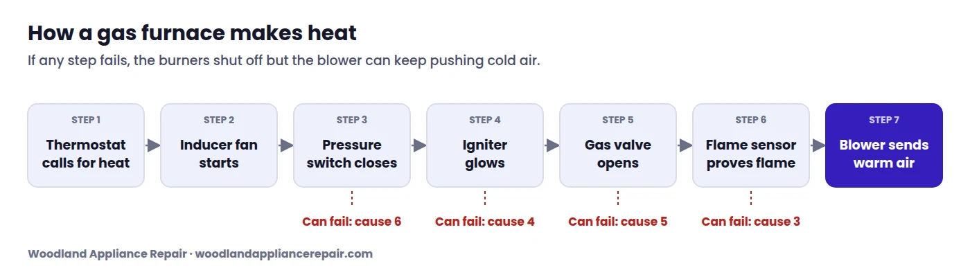 Furnace blowing cold air diagram: the seven steps a gas furnace goes through to make heat