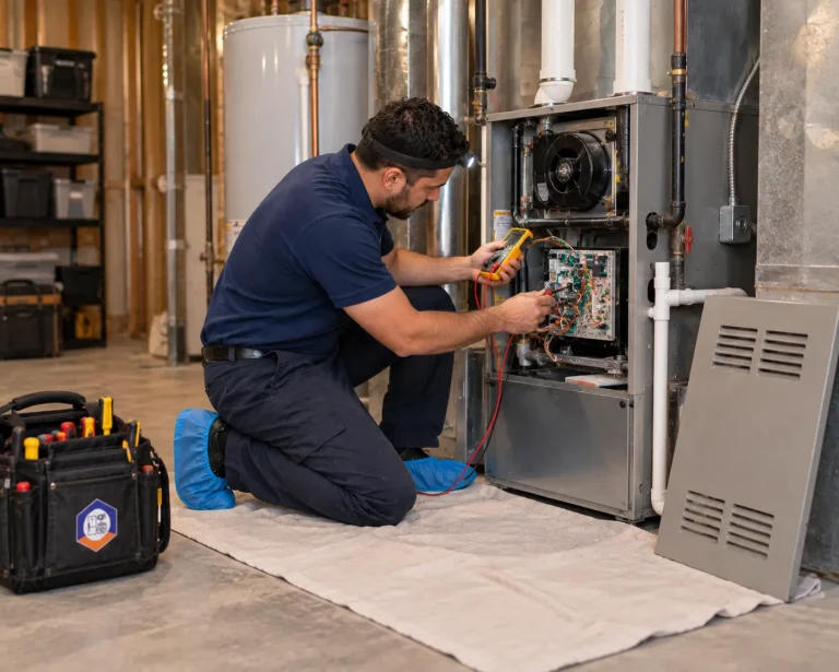 Technician testing a furnace control board with a multimeter