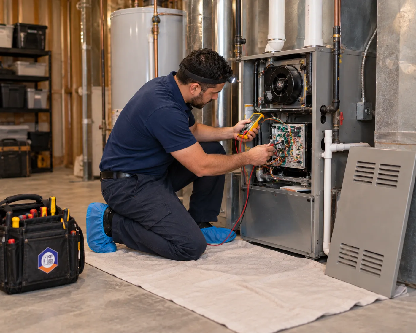 Heating maintenance: technician checking a furnace control board during a fall tune-up