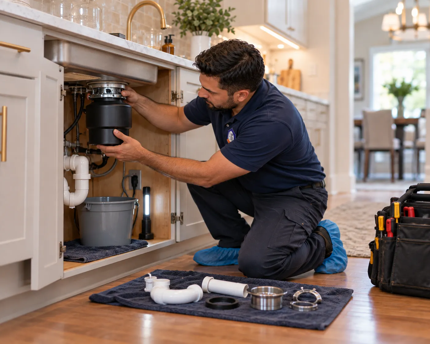 Garbage disposal repair: technician repairing a garbage disposal under a kitchen sink