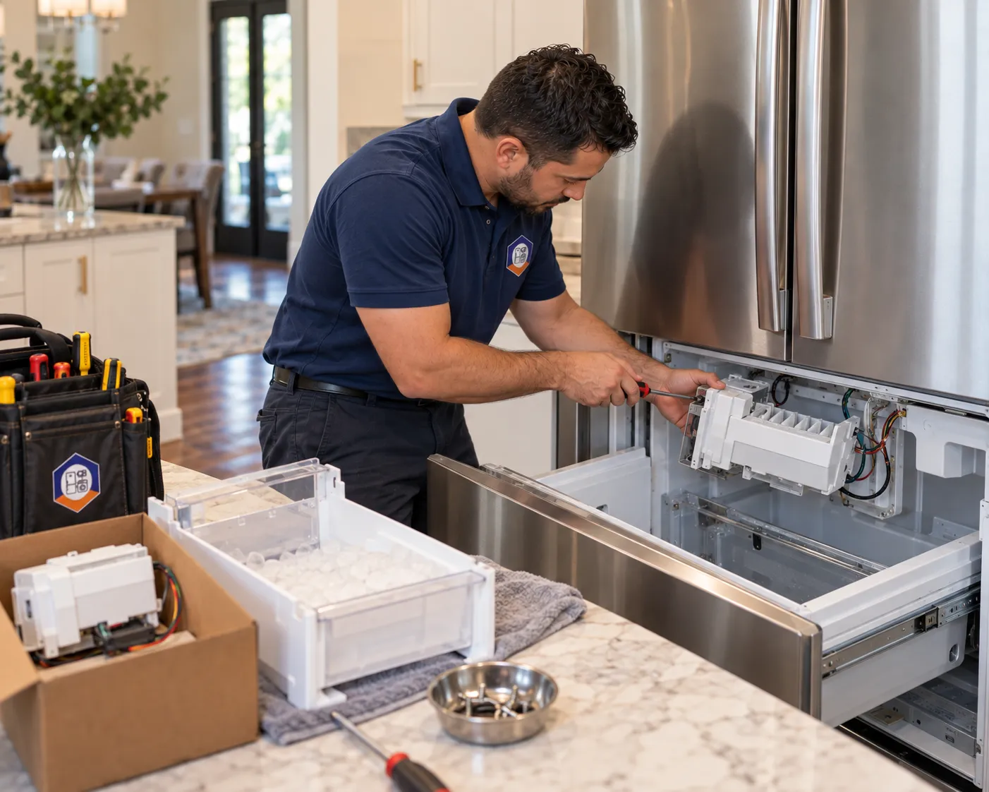 Ice maker repair: technician replacing the ice maker in a refrigerator freezer drawer