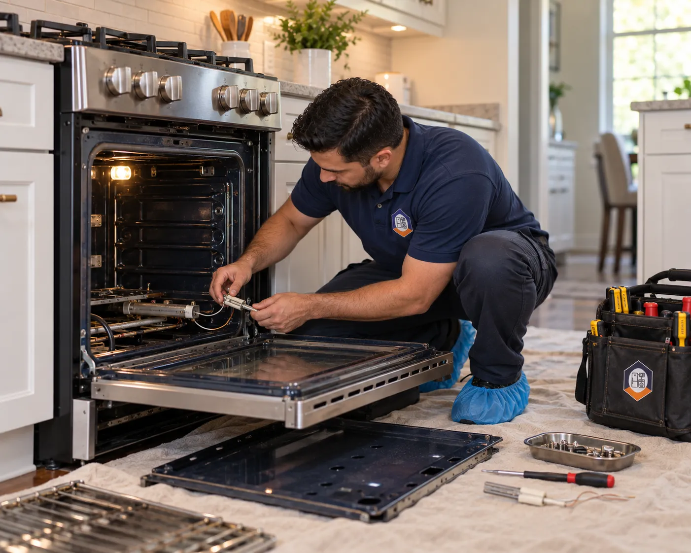 Oven and range repair: technician repairing the oven of a gas range in a home kitchen
