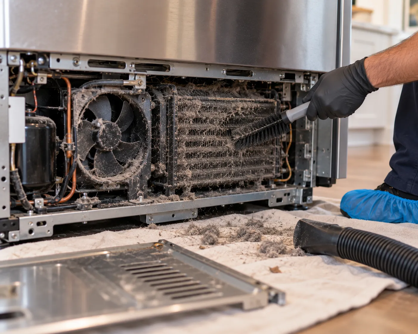 Dusty refrigerator condenser coils before cleaning