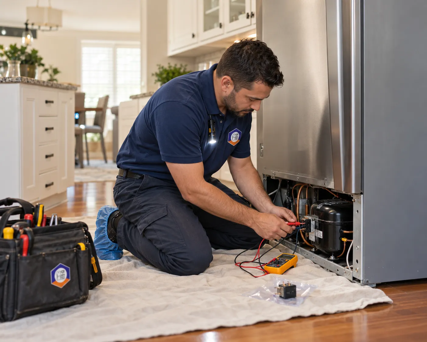 Refrigerator repair: technician testing the compressor relay on a refrigerator with a multimeter