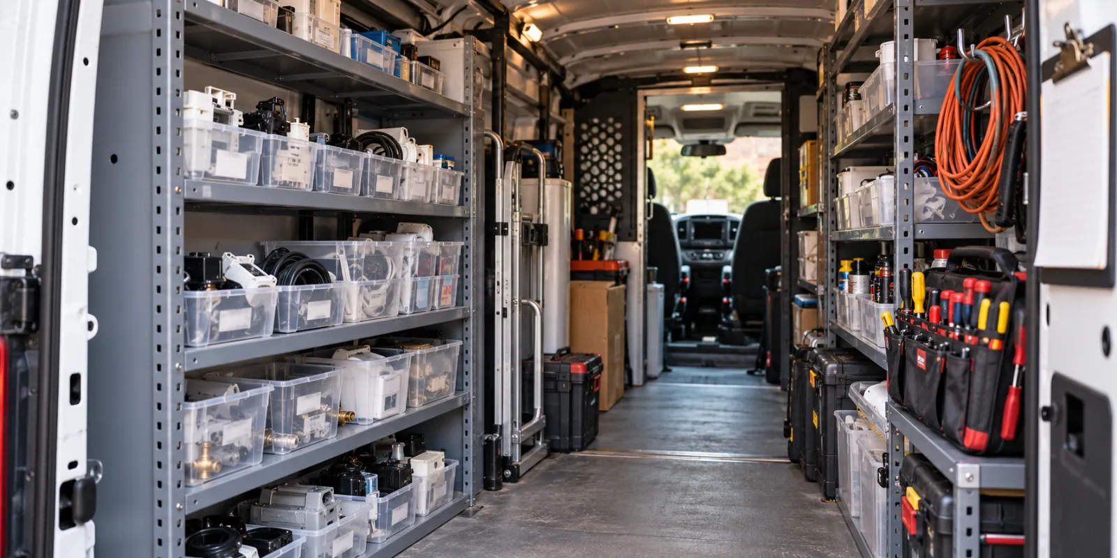Labeled parts bins inside the Woodland Appliance Repair service van