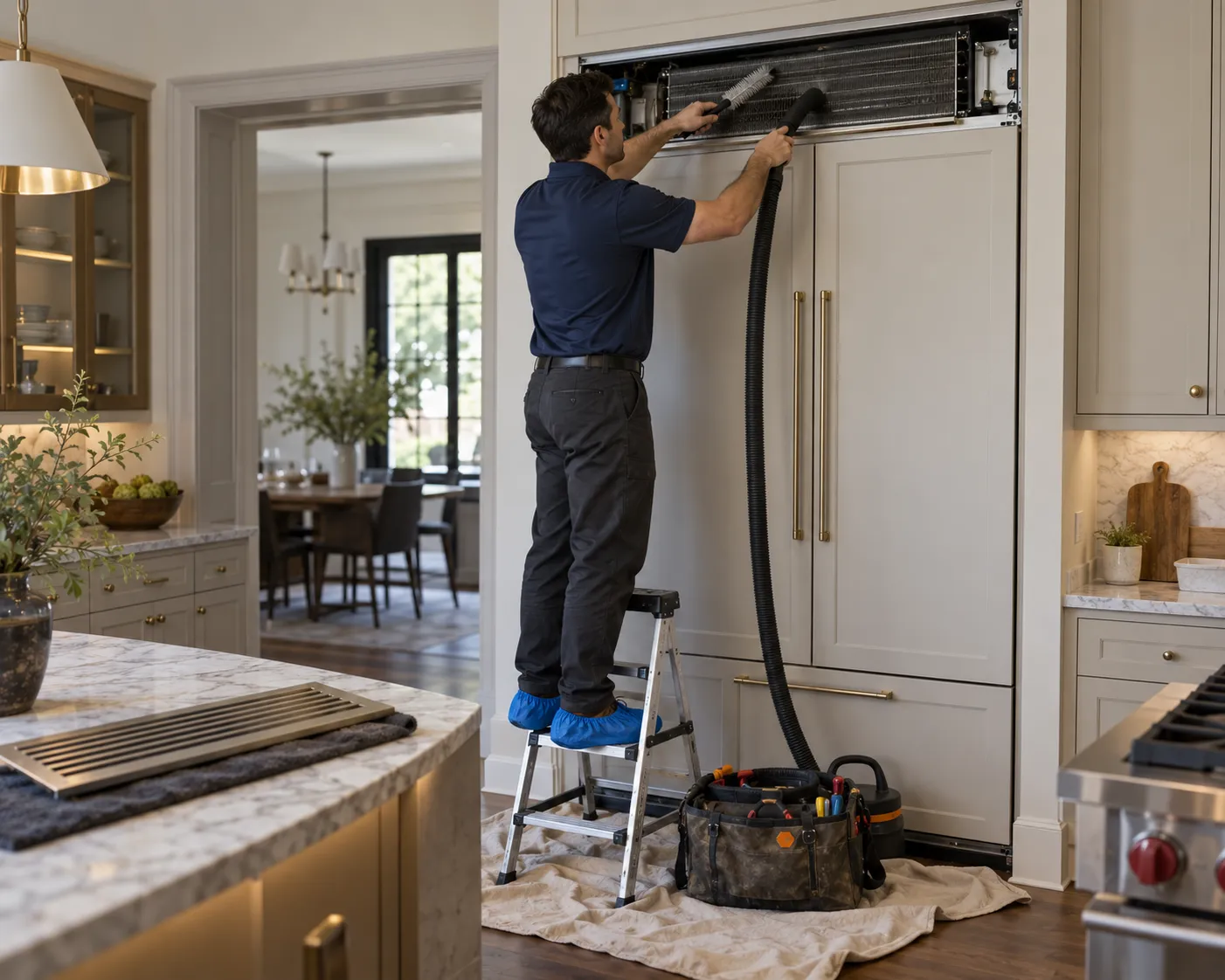 Sub-Zero appliance repair: technician cleaning the condenser of a built-in Sub-Zero refrigerator