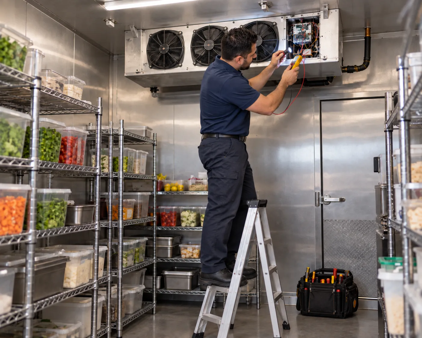 Commercial freezer repair: technician servicing the evaporator inside a walk-in cooler