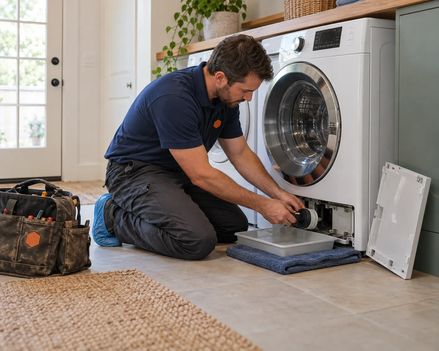 Washer repair: technician cleaning the drain pump filter on a front-load washer